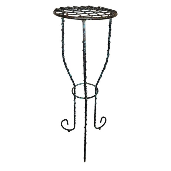 VTG Wrought Iron Twisted Scroll Ball Foot Pedestal Plant Stand Black Turquoise - Picture 2 of 13